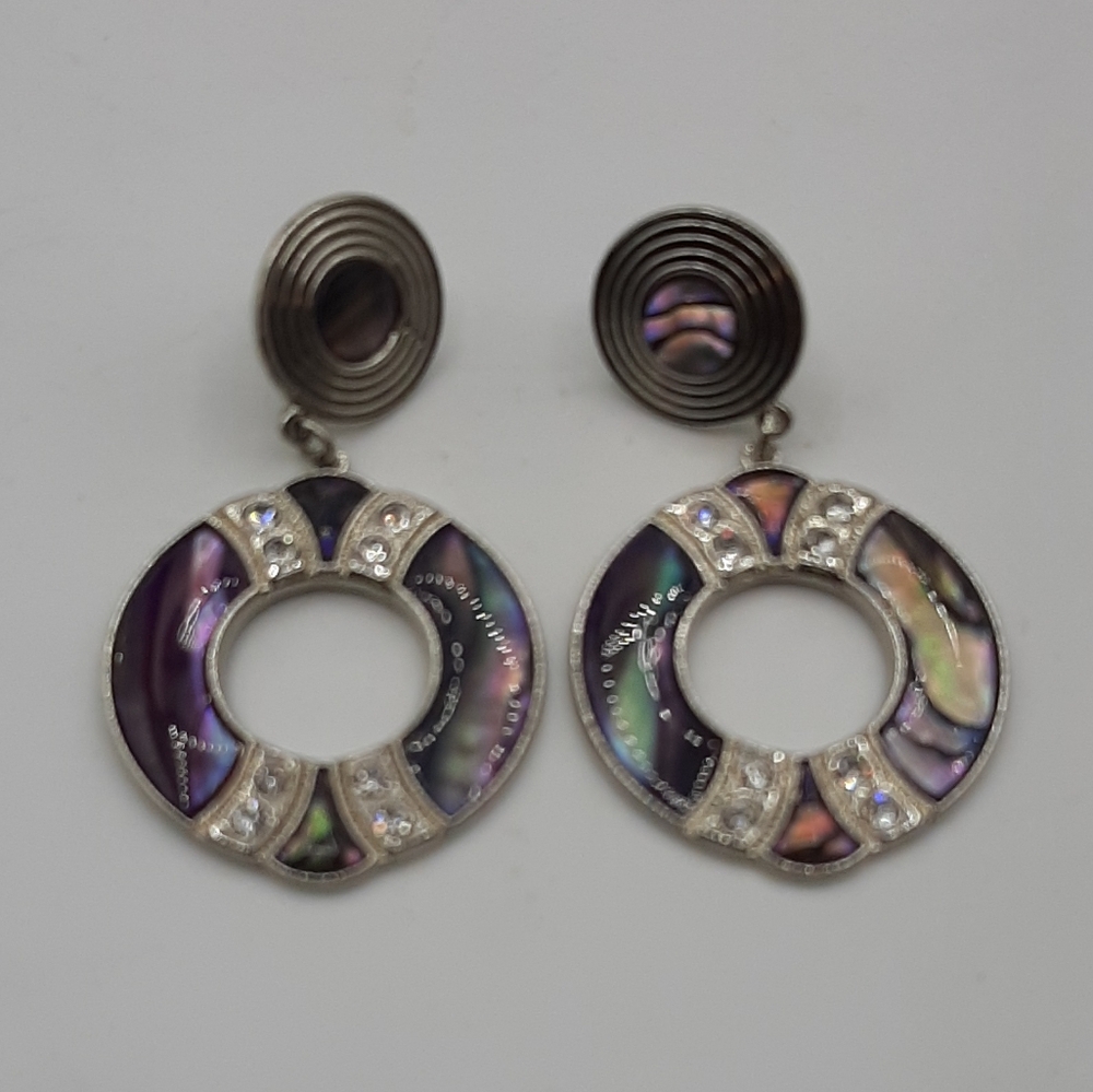 Vintage 1980s Duri Abalone Shell Rhinestone Round Dangle Pierced Earrings Signed